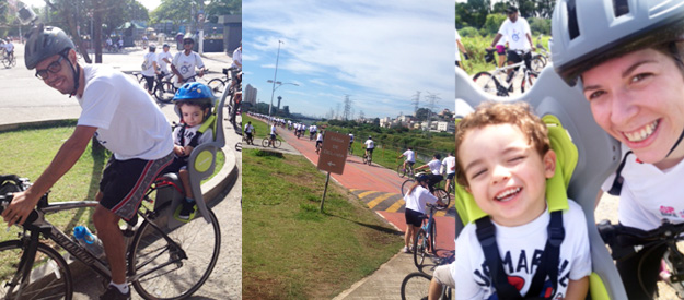 Marido e filho preparados para o passeio. Galera na ciclovia (era um mar de camiseta brancas). eu e Dudu quando chegamos na Represa do Guarapiranga na maior felicidade, adoramos passear! :D