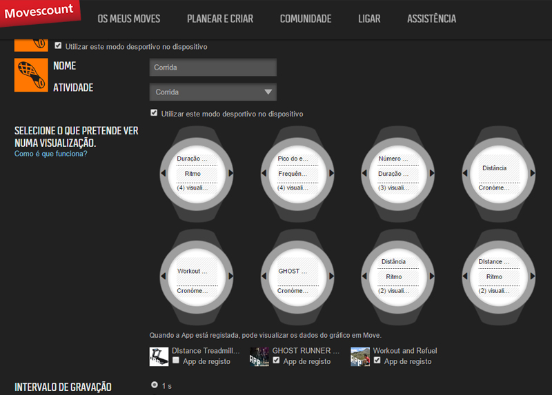 Tela do site Suunto Movescount onde você pconfigura as telas do relógio e pode aplicar os aplicativos (no exemplo vocês podem ver os três que escolhi testar).